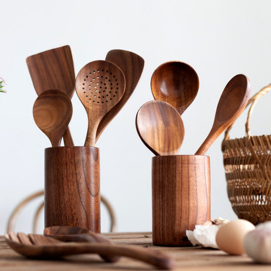 Teak Wood Kitchen Utensil Set – Premium Wooden Cooking Tools - Stella Frank